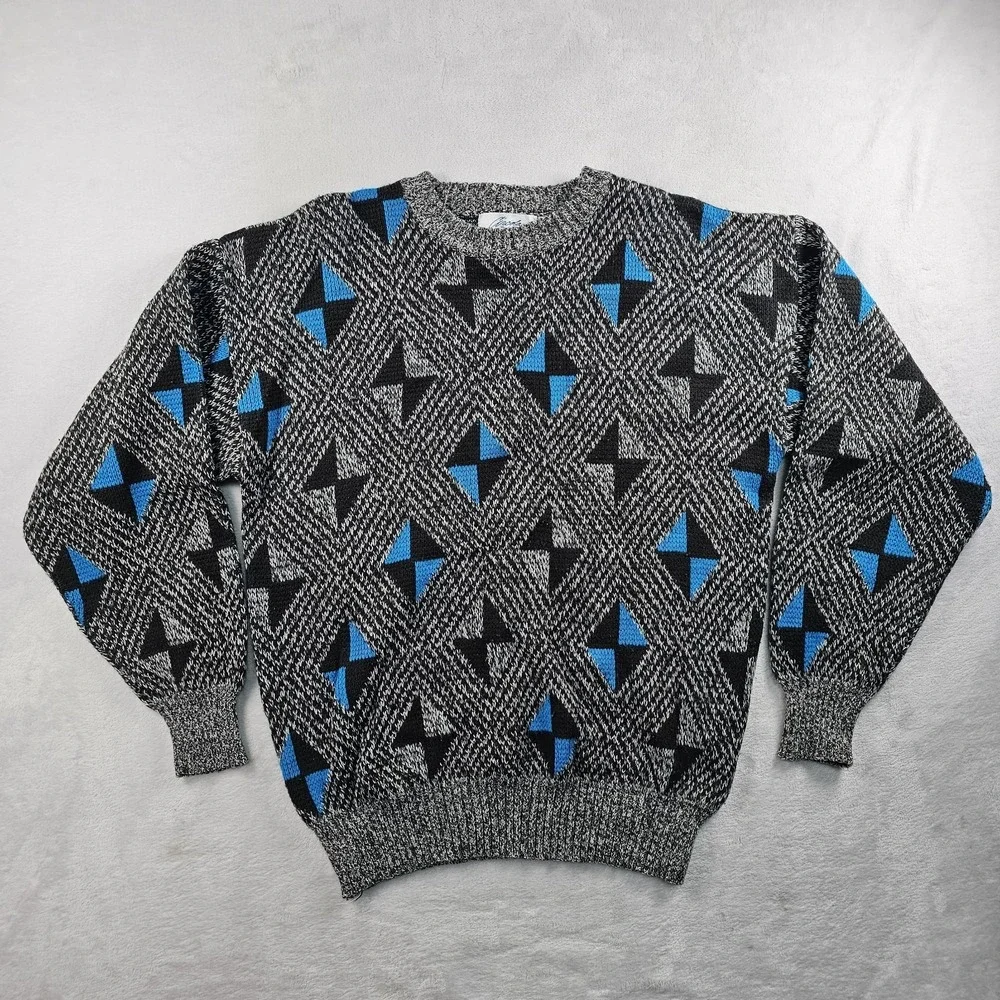 Vtg 80's Knit Jumper Sweater Mens L Abstract Bill Cosby 3D Swing Bowling Acrylic